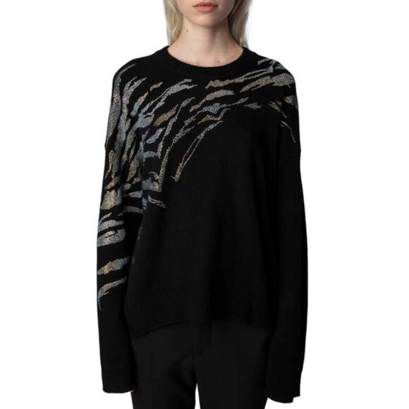 Zadig & Voltaire Markus Tiger Cashmere Knit Sweater in Black Size Small #S5999 - Picture 1 of 8